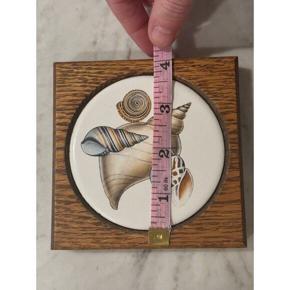 Vintage 4 Piece Sea Shells Wood & Ceramic Inlay Coaster Set Coastal Beach Decor - Picture 11 of 11